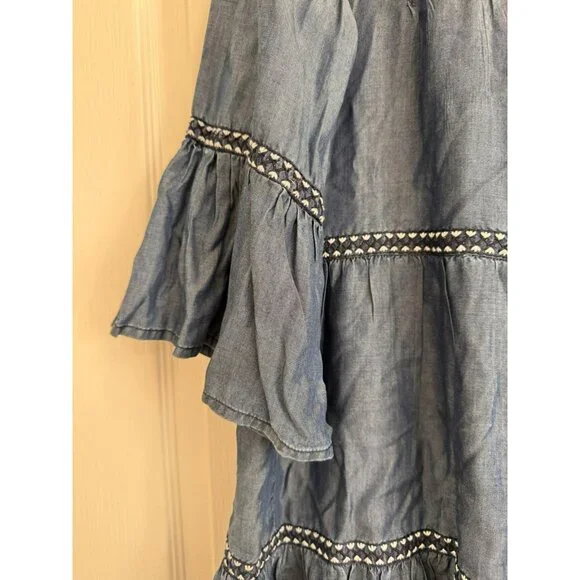 TOMMY BAHAMA M Chambray Embroidered Tiered Coverup Dress Blue Tencel Lyocell - Picture 3 of 8